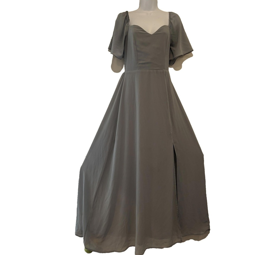 Baltic Born sz oversized XS grey maxi dress elastic rouched flutter sleeve #3217